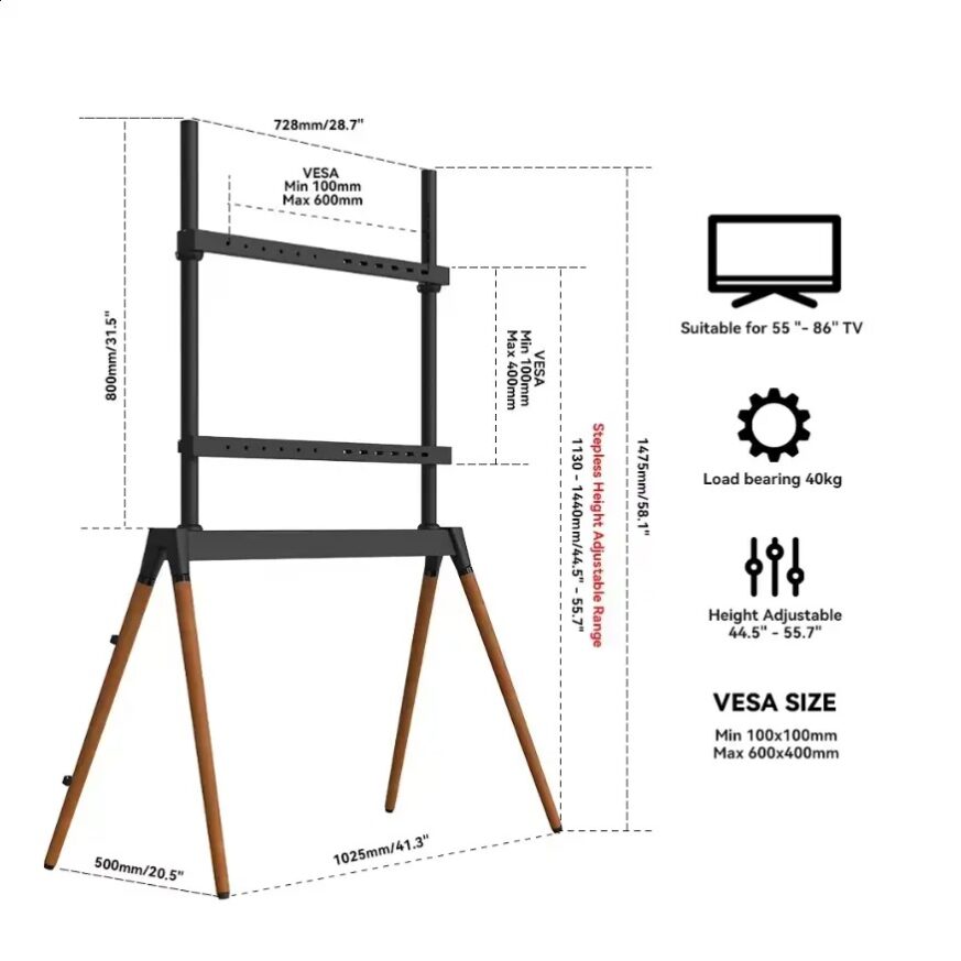 Tono Skara TV Floor Stand: Fits 55"-86" TVs, 40kg Capacity